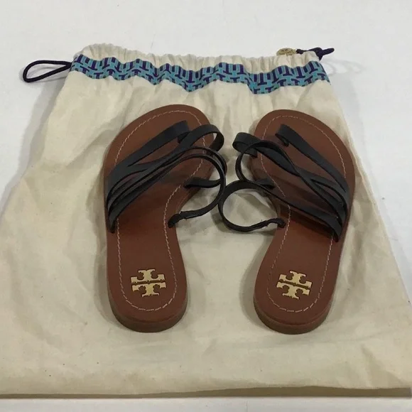 Tory Burch Black Leather Flat Strappy Women's Sandals Size 6.5M - Picture 4 of 7